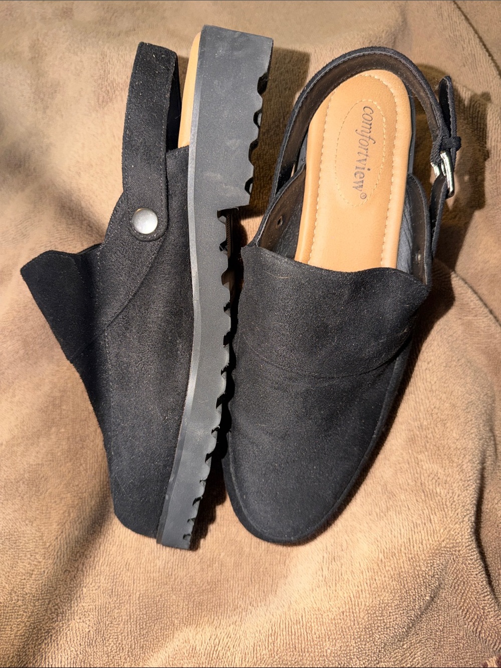 Comfortview Black Slingback Clog Mules with Buckle Strap